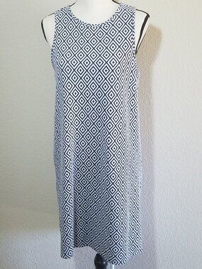 Cremieux Sheath Dress Medium Blue White Sleeveless Diamond Pattern Knee Length